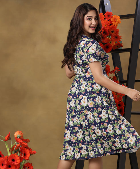 Deep Vneck Printed Chiffon Dress